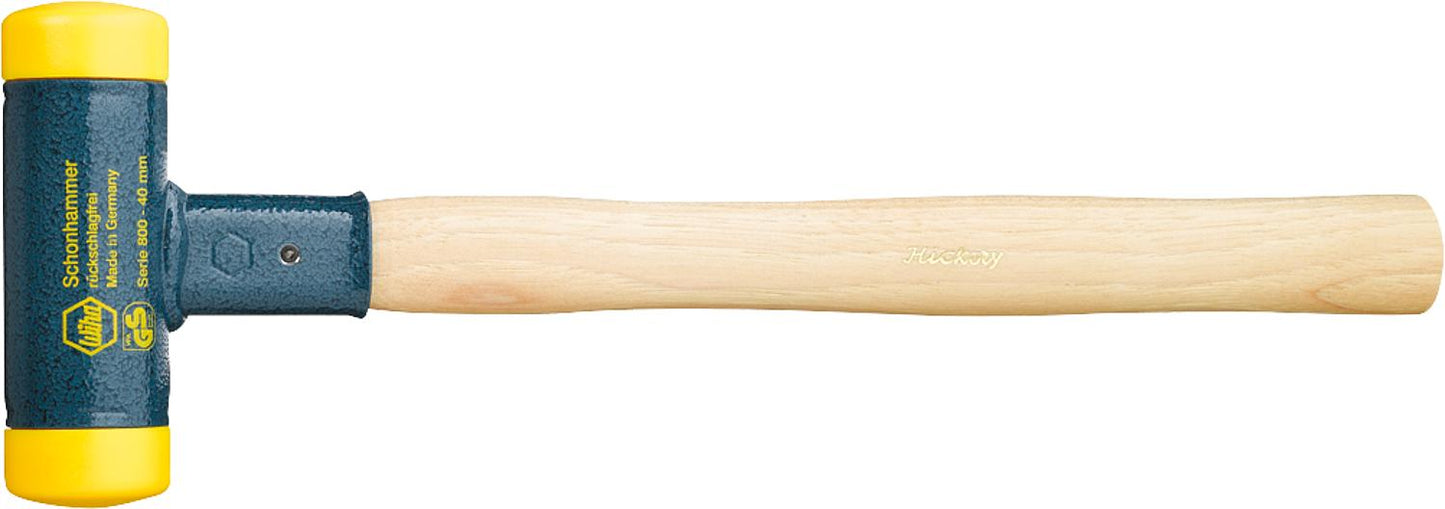 Recoil-free soft-faced hammer with hickory wood handle, type 800, striking head diameter 30 mm
