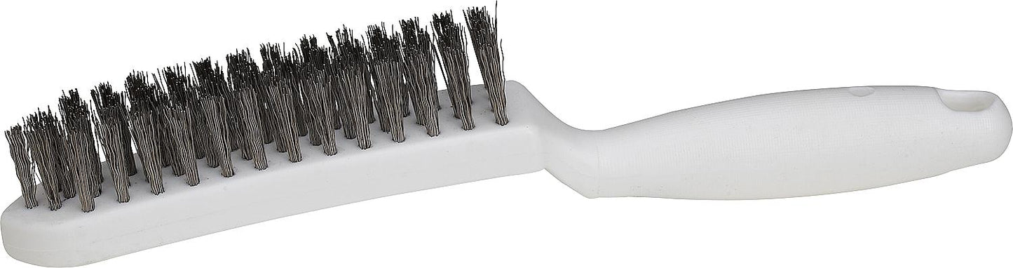 Brosse métallique, manche en plastique (PP), matériau des poils : fil d’acier inoxydable, poils : lisses de 0,35 mm, configuration des poils : voir tableau, usage alimentaire