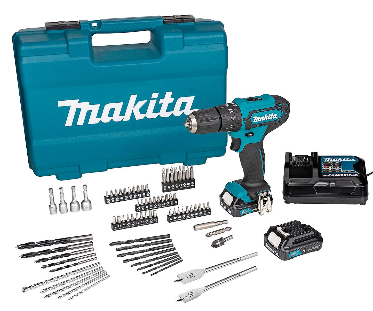 MAKITA HP333DSAX1 12V cordless impact drill/driver with 2x 2.0 Ah batteries, charger, drill and bit set including carrying case