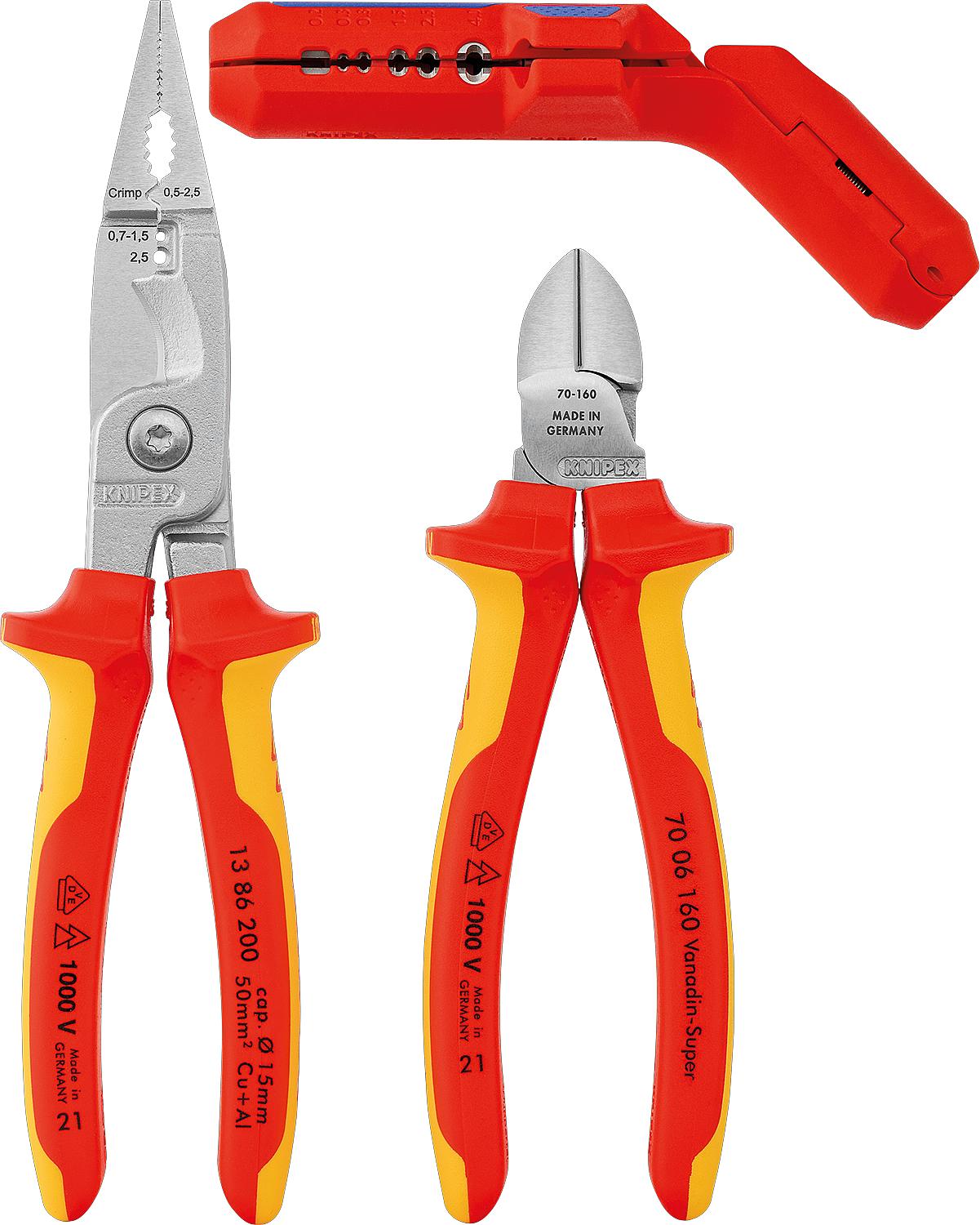 KNIPEX 3-piece pliers set consisting of side cutters, installation pliers and cable stripper