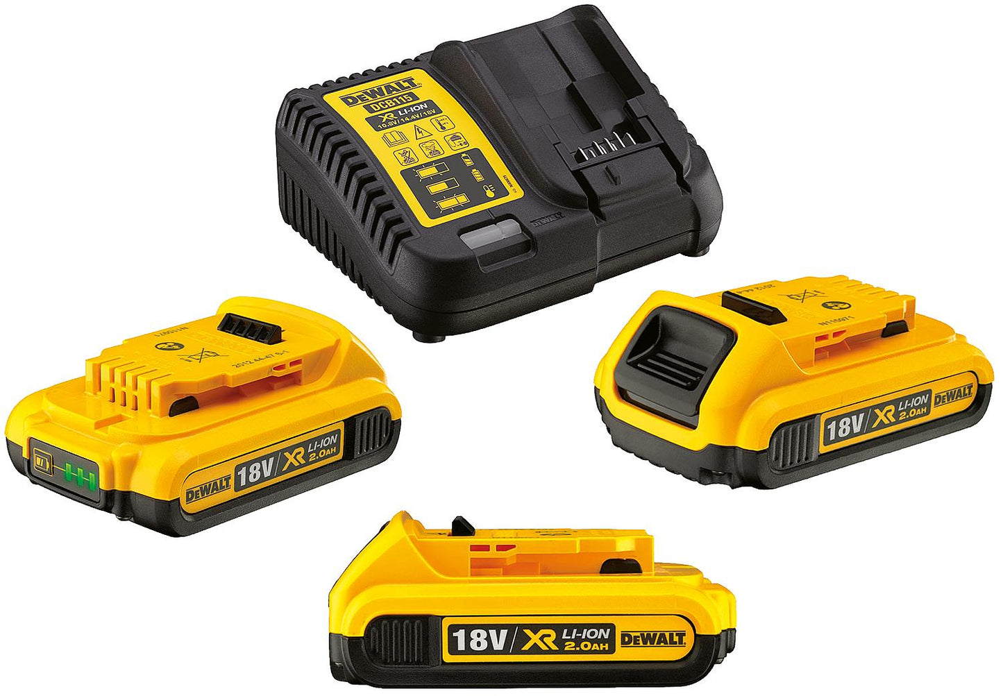 Original Li-ion battery. Dewalt 18V starter set with 3 x 2.0 Ah Li-ion batteries and charger.