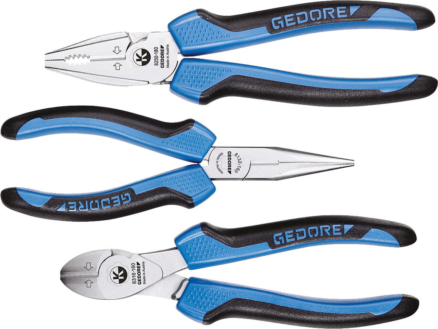 GEDORE 3-piece pliers set consisting of: combination pliers, side cutters, flat-nose pliers