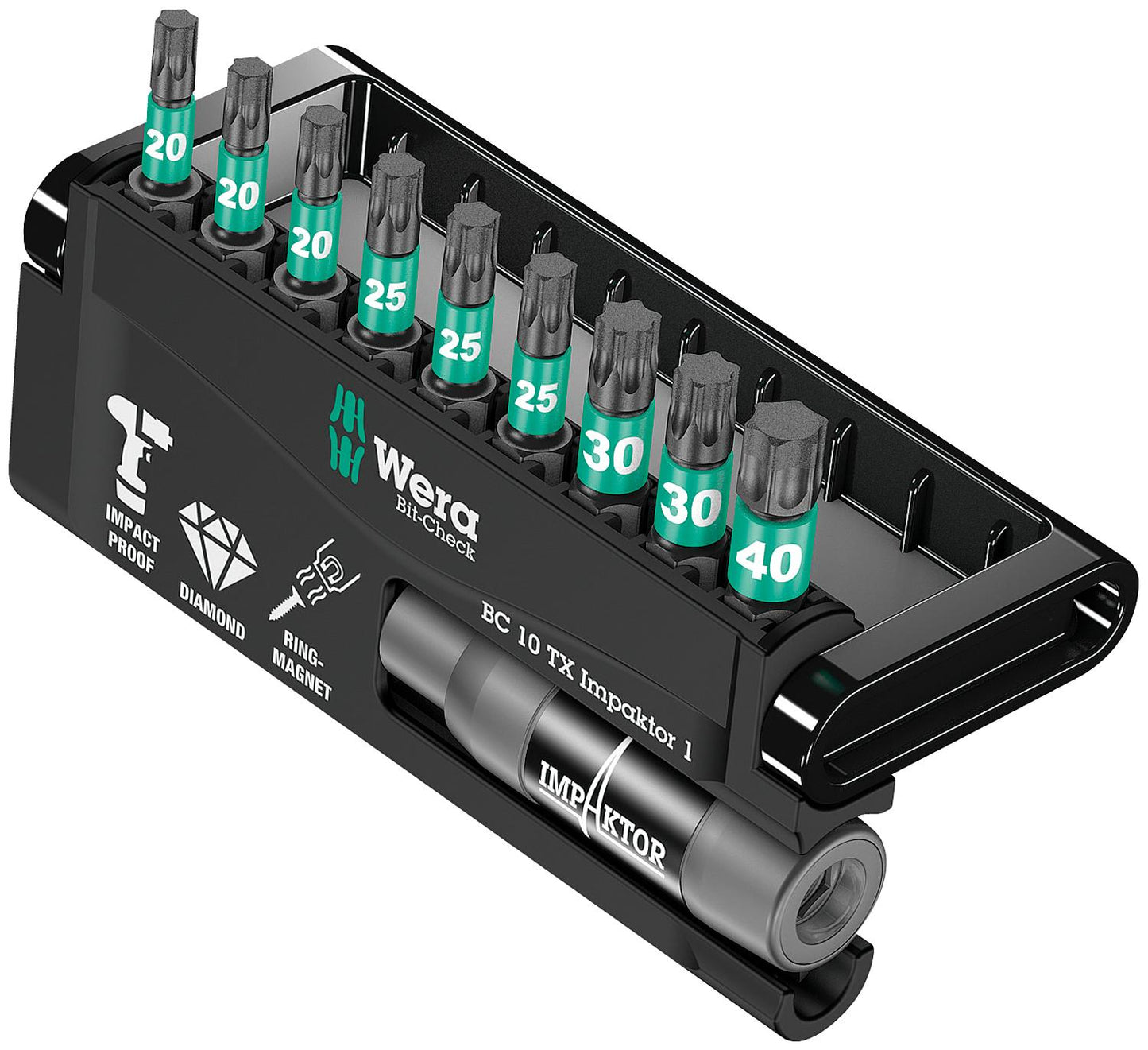 WERA Bit-Check Impactor 1 10-piece internal TORX® bit set with impactor, diamond-coated, holder