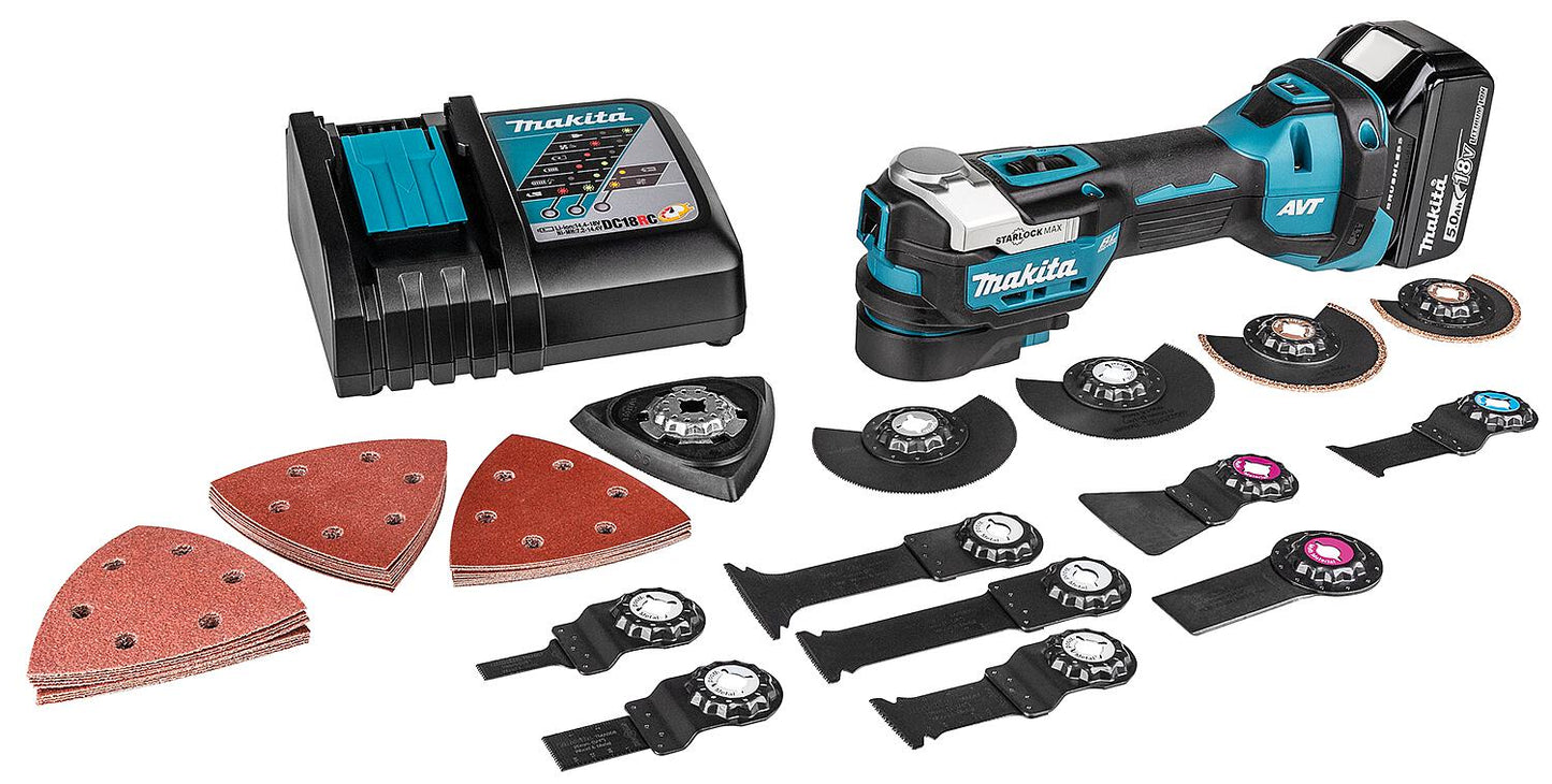Makita 18V DTM52T1JX2 cordless multi-tool, 1x 5.0 AH battery and charger, incl. 44-piece accessory set