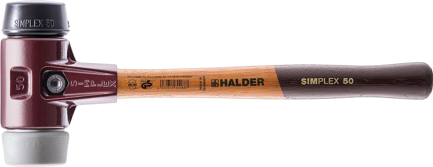 SIMPLEX soft-faced hammer Halder with TE housing and wooden handle, rubber composition/TPE-mid, Ø 40 mm