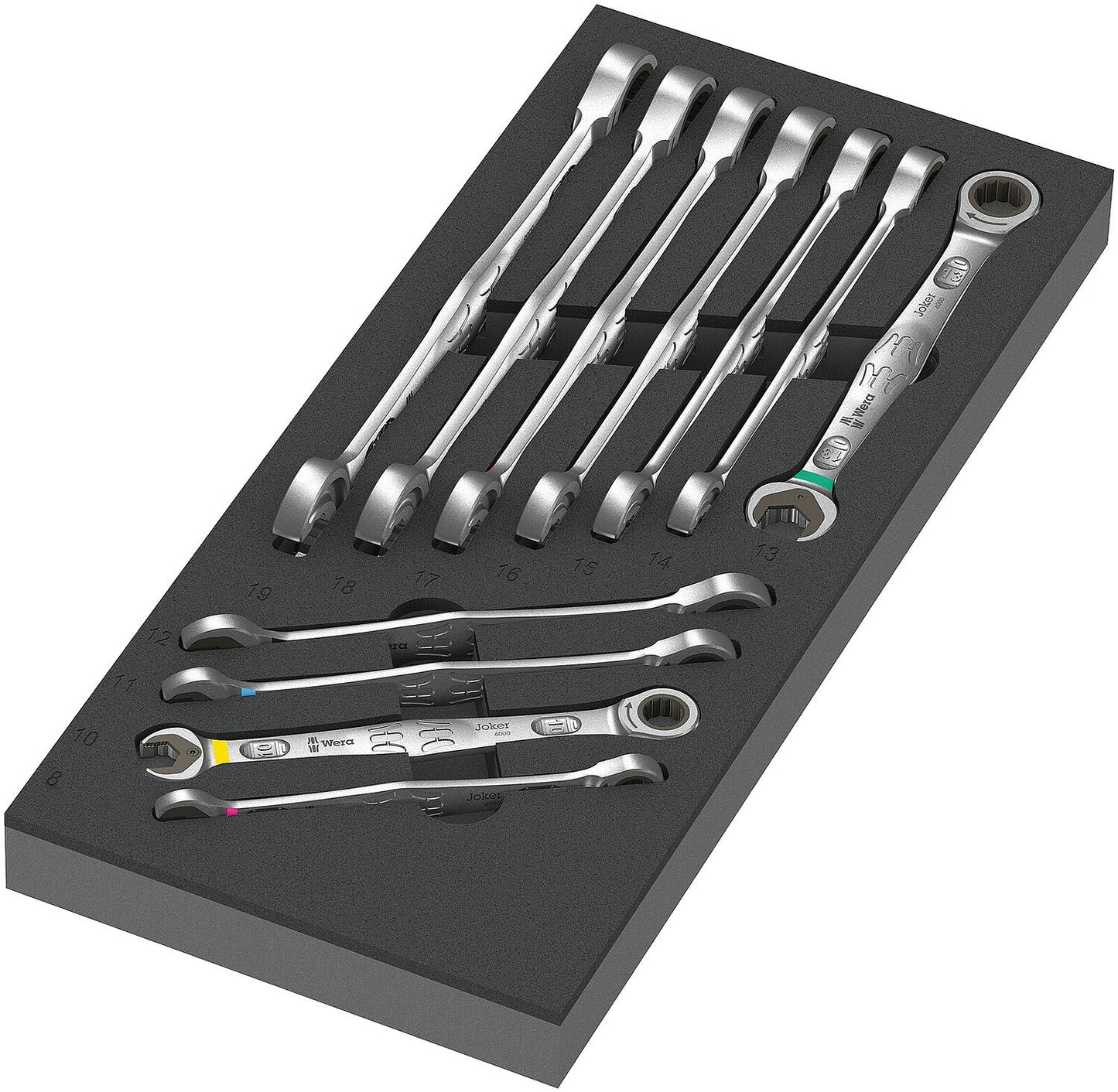 WERA Joker 6000 11-piece open-end/ring ratchet wrench set in foam module