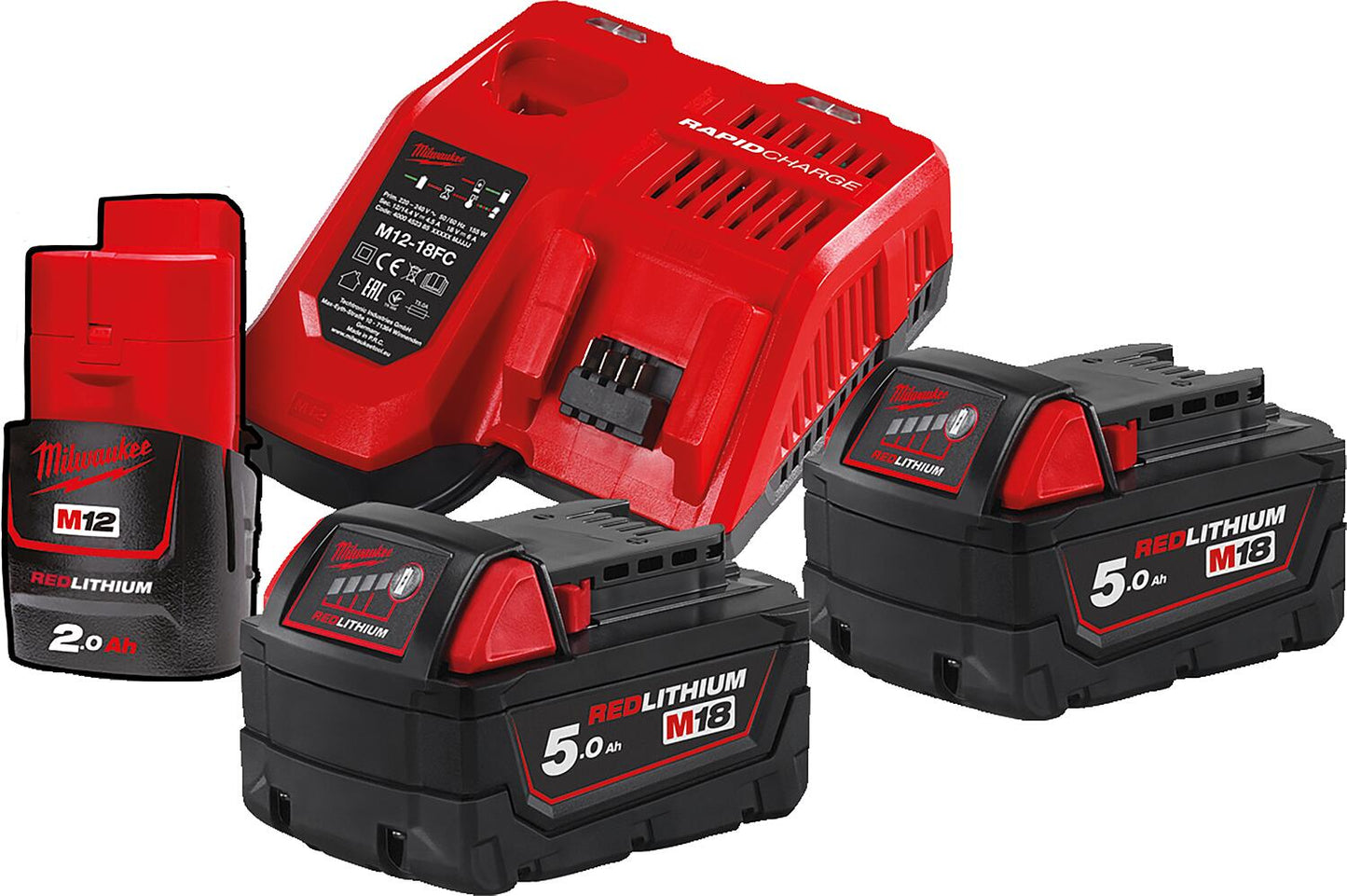 Akku-Set Milwaukee M18NRG-502 , 18V mit 2x 5,0 Ah und 12V 2,0 Ah Akkus und Ladegerät
