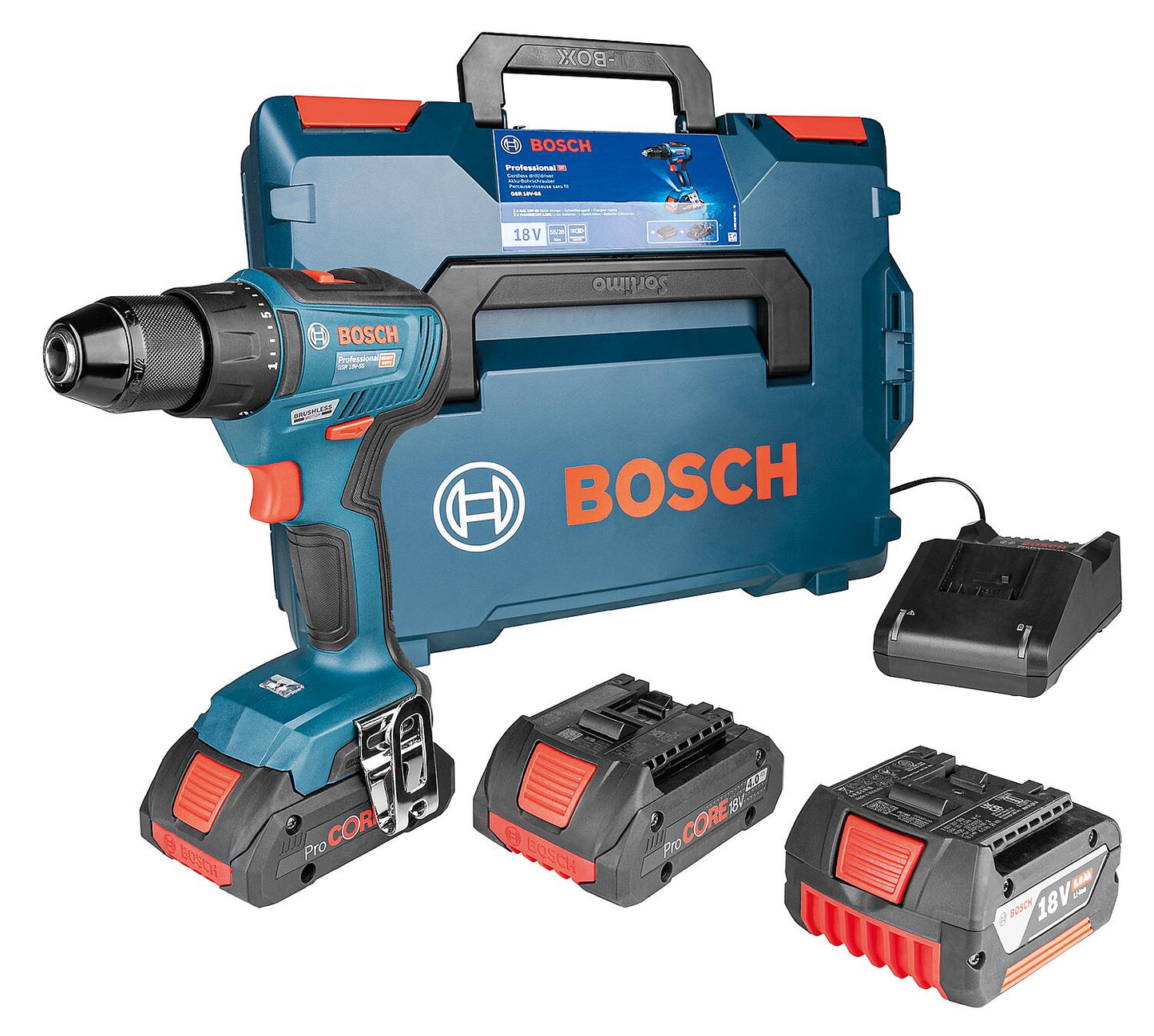 Kit de batterie Bosch 18 V comprenant une perceuse-visseuse sans fil GSR 18V-55 avec 2 batteries ProCORE 4.0, un chargeur et une batterie de rechange GBA 18V 5.0 Ah.