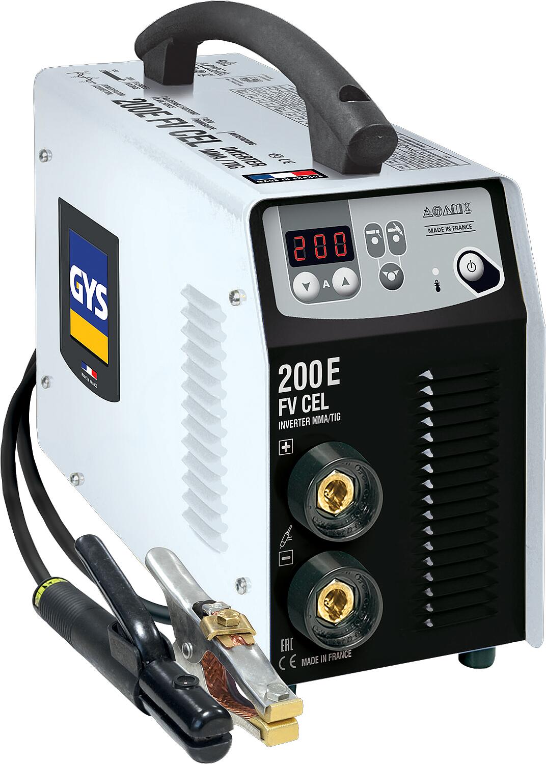 Poste de soudage électrique portatif PROGYS 200E FV CEL à onduleur, livré dans une mallette rigide.