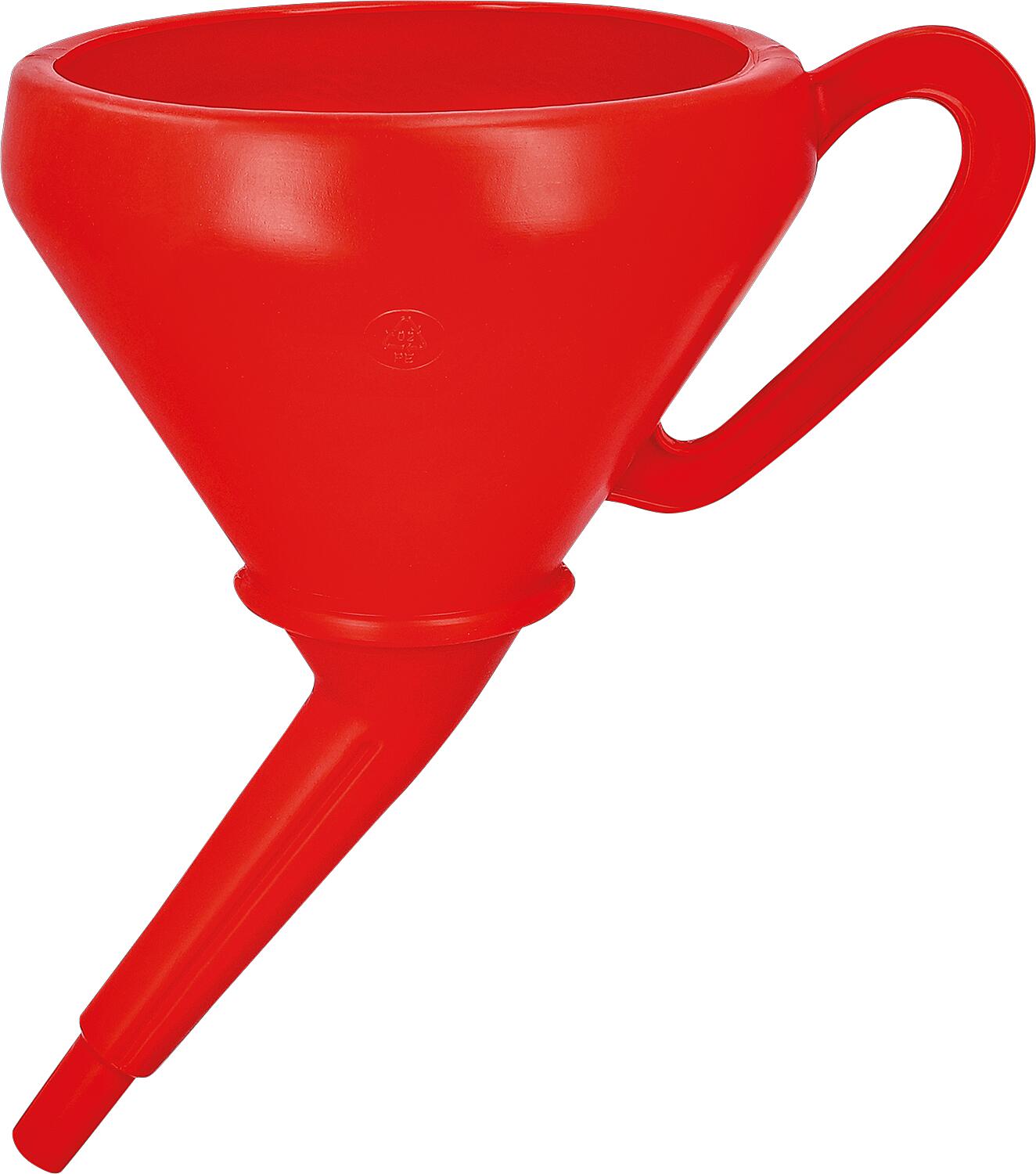 Funnel 205 mm HD-PE, with sieve, red, slanted outlet