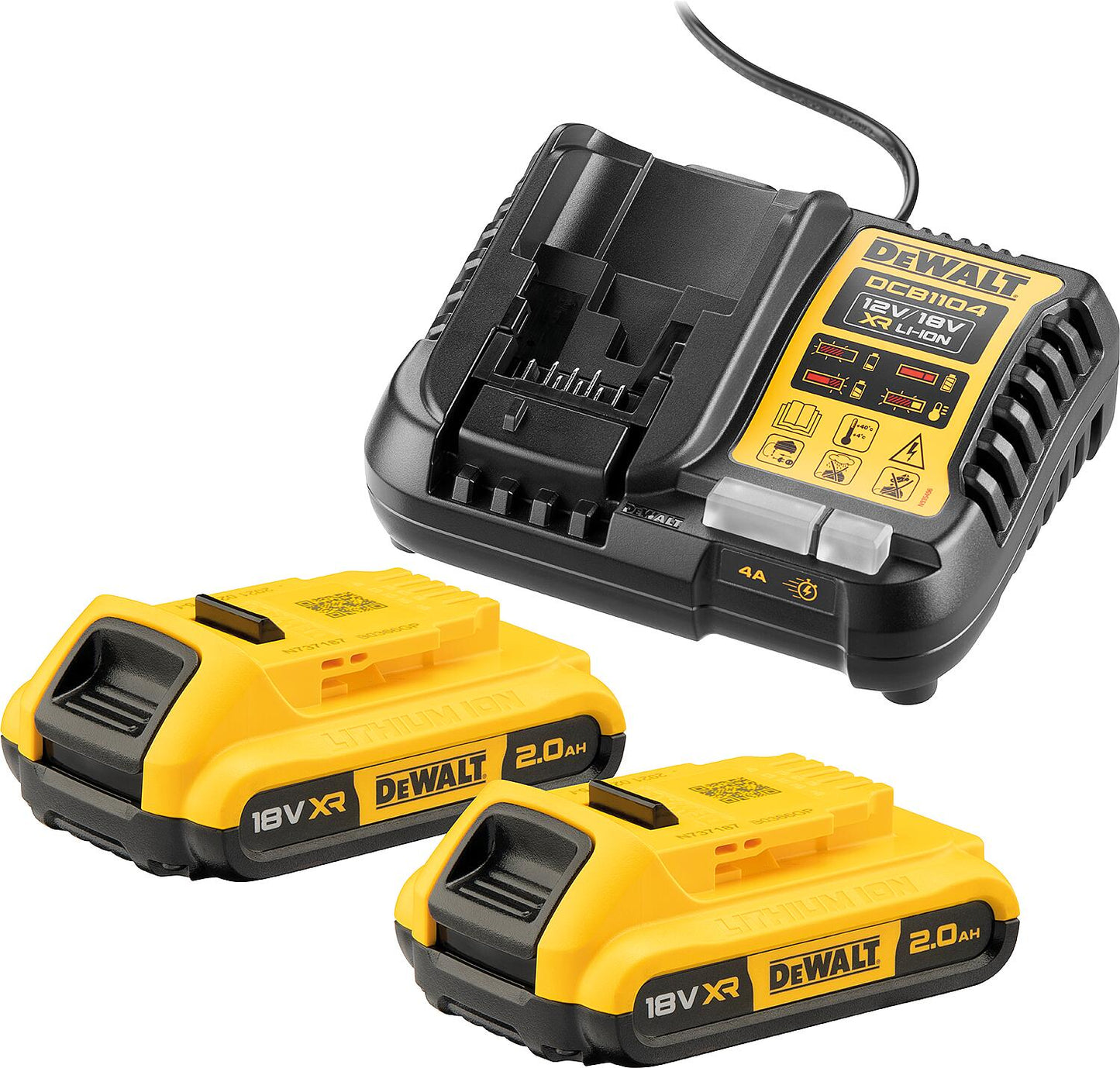 DeWalt DCB1104D2-QW 18V Battery Starter Set with 2x 2.0 Ah XR Batteries and Fast Charger