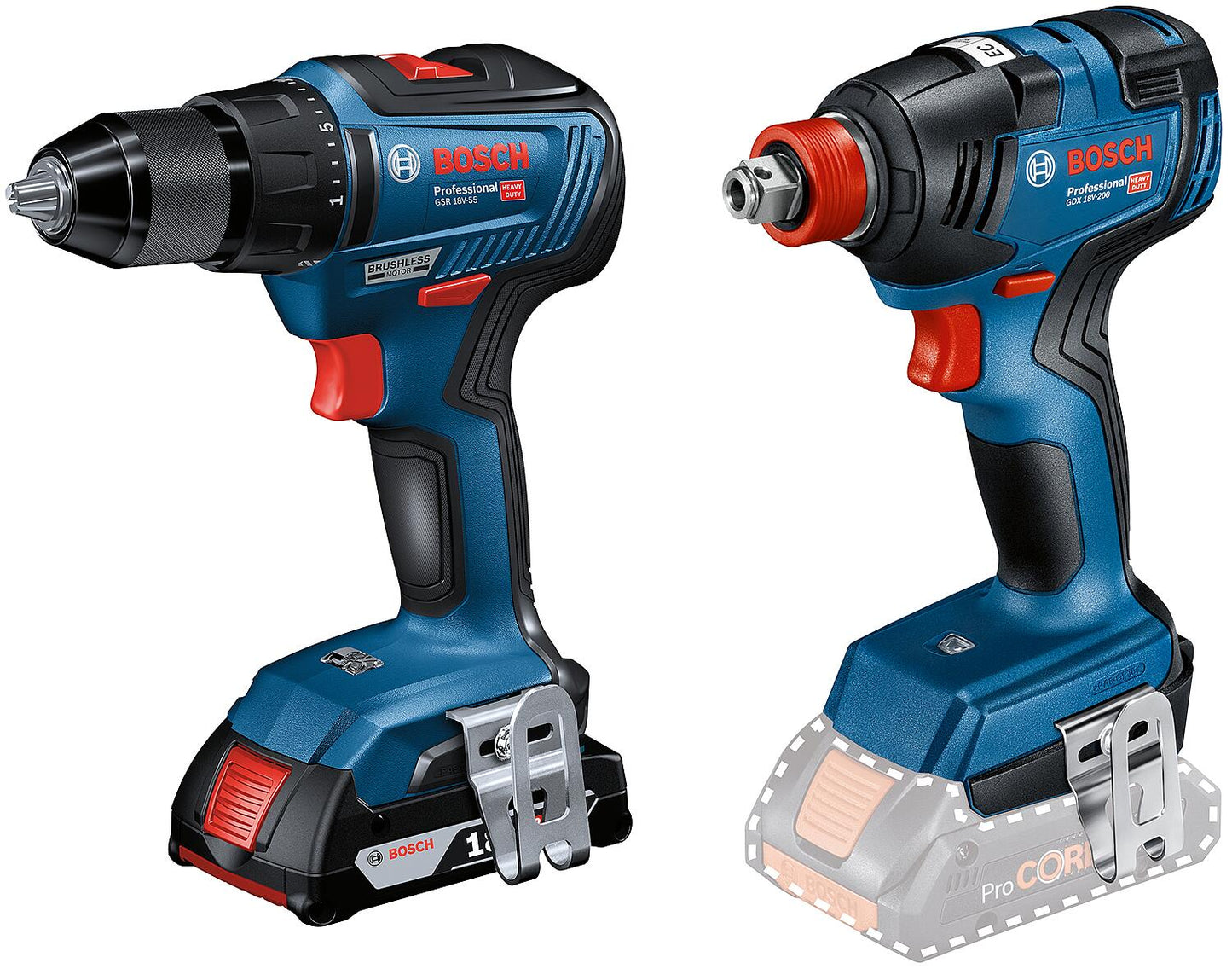 Bosch 2-piece battery set consisting of 18V cordless drill/driver and cordless impact wrench with 2 x 4.0 Ah ProCORE batteries and charger