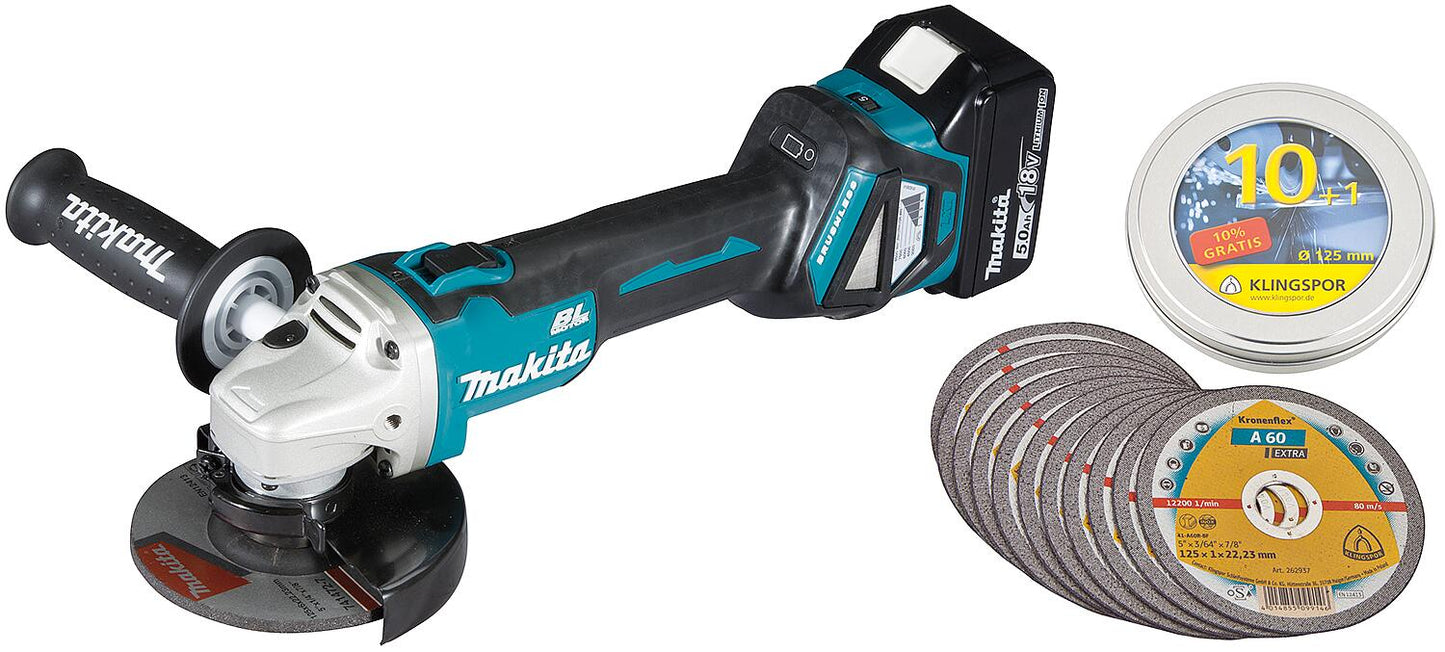 Meuleuse d'angle sans fil DGA 511, 18 V, avec 2 batteries de 5,0 Ah, chargeur et disques à tronçonner Kronenflex® A 60 EXTRA, pour acier inoxydable et métaux, coffret de 11 pièces