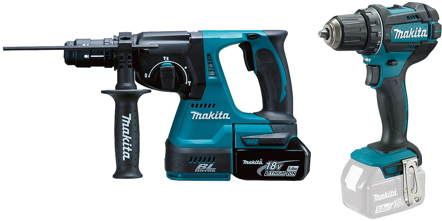 Akku-Set, 18 V, 2-teilig bestehend aus Akku-Kombihammer und Akku-Bohrschrauber mit 2 x 5,0 Ah Akkus und Ladegerät