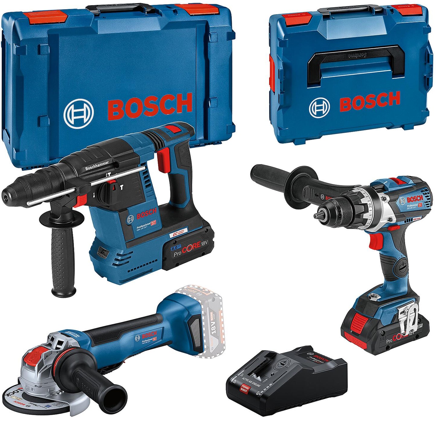 18V 3-piece battery set consisting of drill/driver, combination hammer, angle grinder, 1x 4.0 Ah, 1x 8.0 Ah batteries and charger