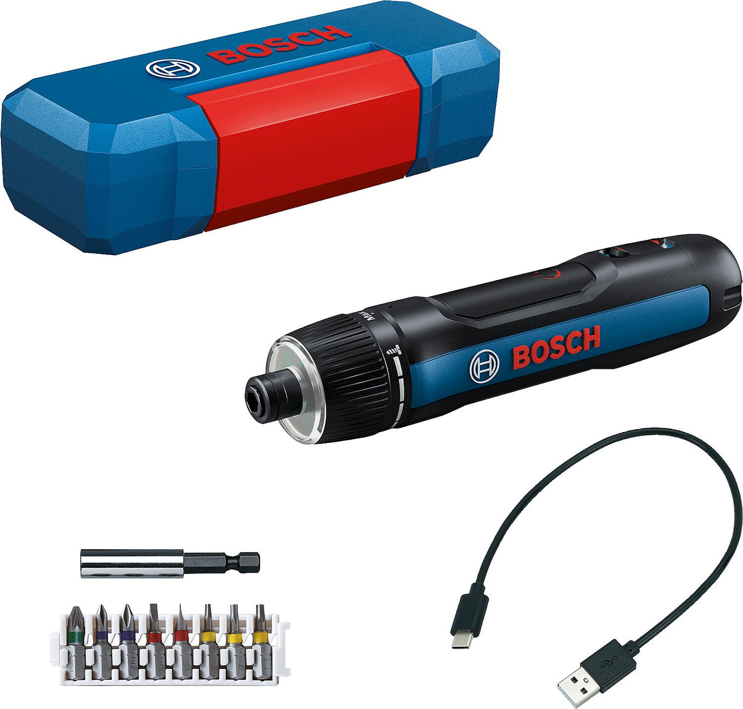 Bosch GO 3.6 V cordless screwdriver with 8-piece bit set and charging cable