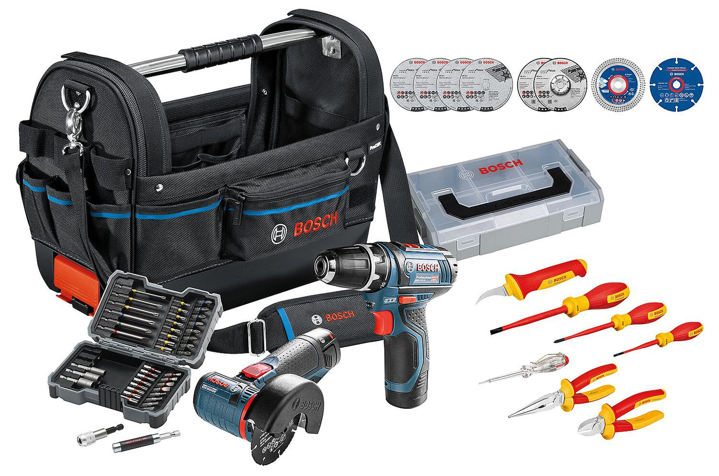 Aktions-Set Servicetasche Bosch mit Akku-Geräten, Handwerkzeuge und Bit-Set