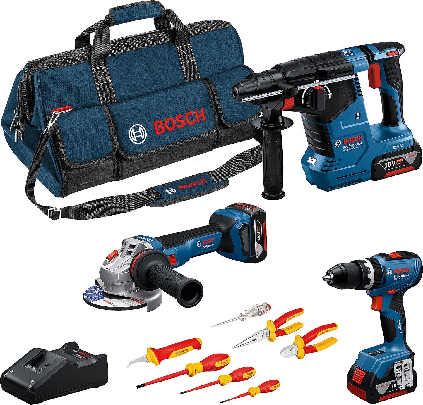 BOSCH 18V 3-piece battery set, 18V with 3x 5.0 Ah batteries and charger + VDE screwdriver & pliers set