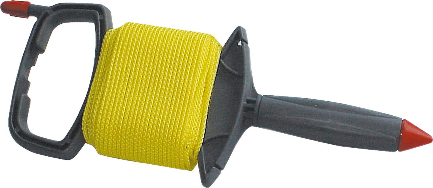 Enrouleur de câble gris-rouge, avec 30 m de câble jaune fluo de 3 mm de diamètre.