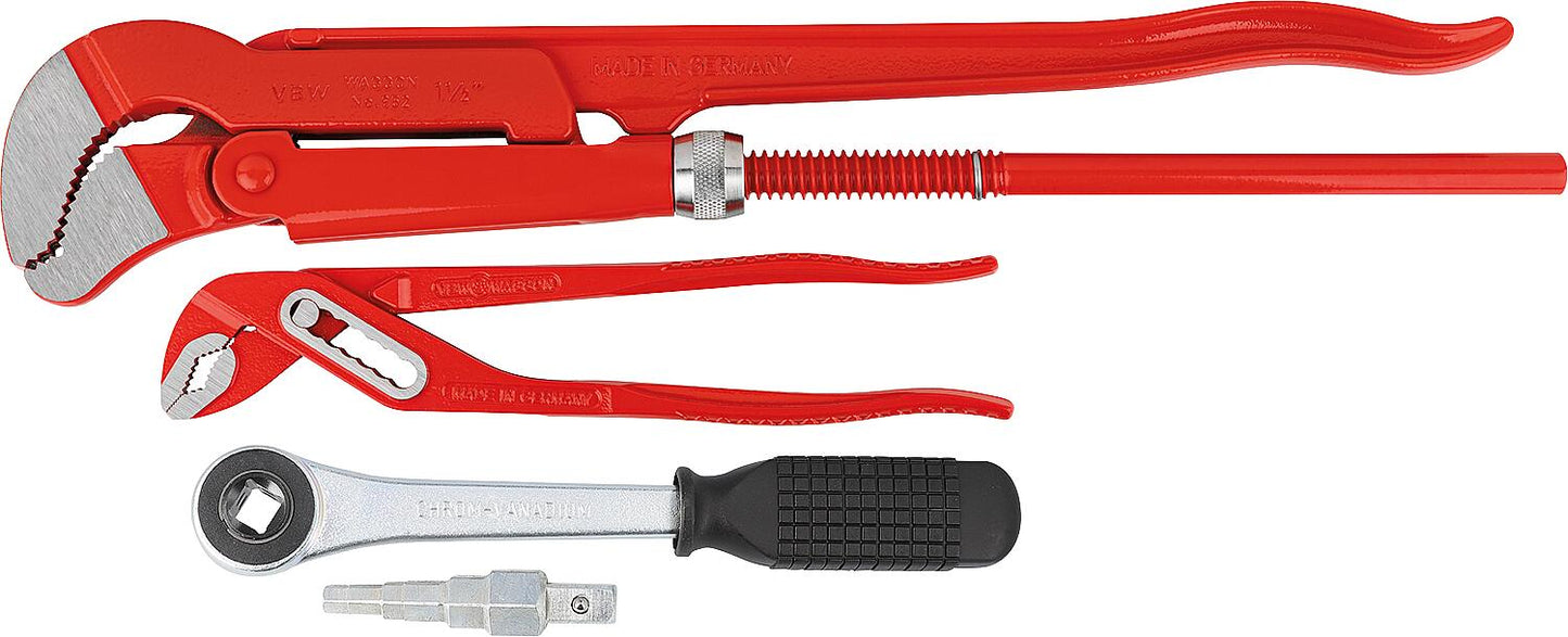 Tool set II, 3-piece: stepped wrench, S-shaped pipe wrench, water pump pliers