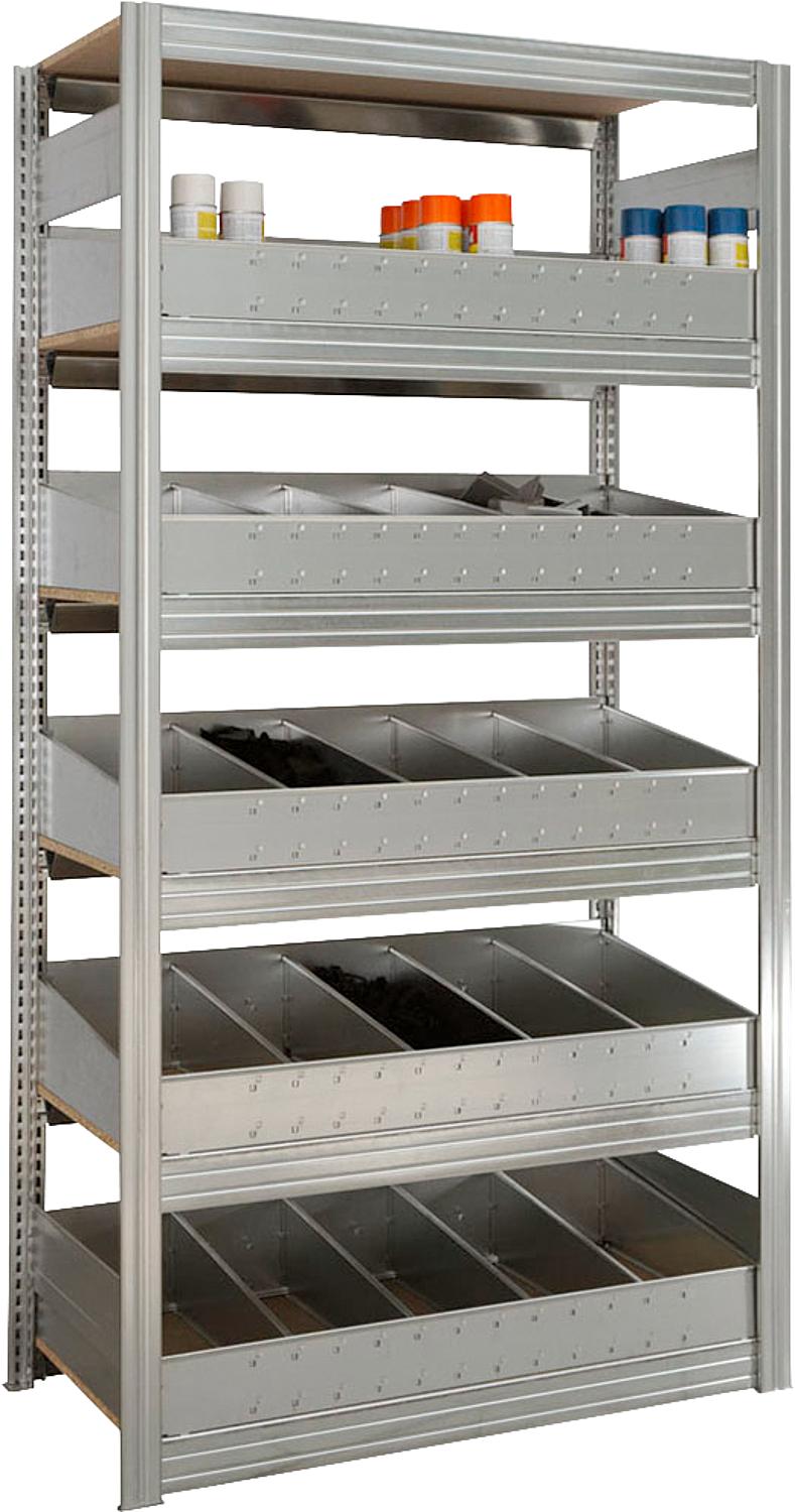 BERT small parts basic shelving unit with 5 wooden shelves and bin sets HxWxD 2000x875x600mm