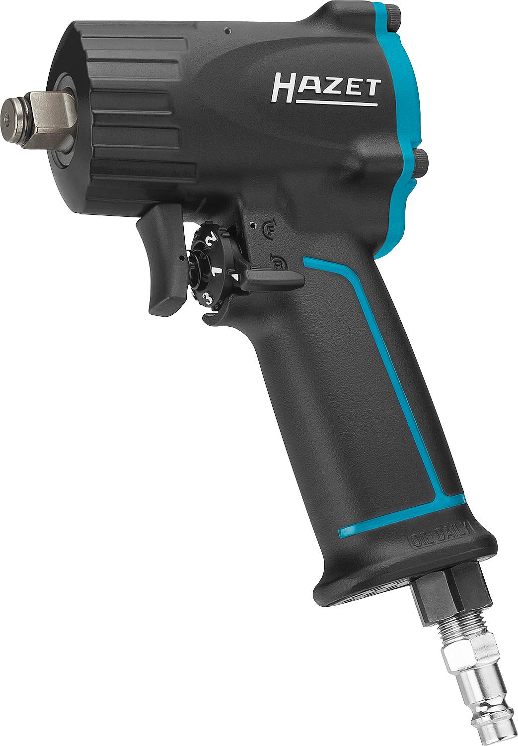 HAZET 1/2" pneumatic impact wrench with 1100Nm loosening torque, including 7.2mm plug-in nipple.