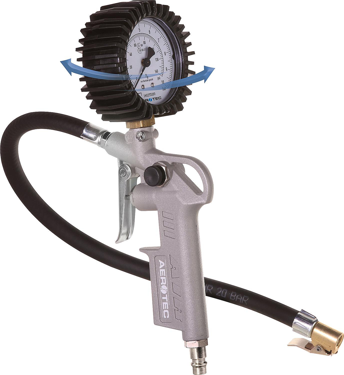 Tire inflator - compressed air with 30cm hose and 3-piece adapter set, calibrated