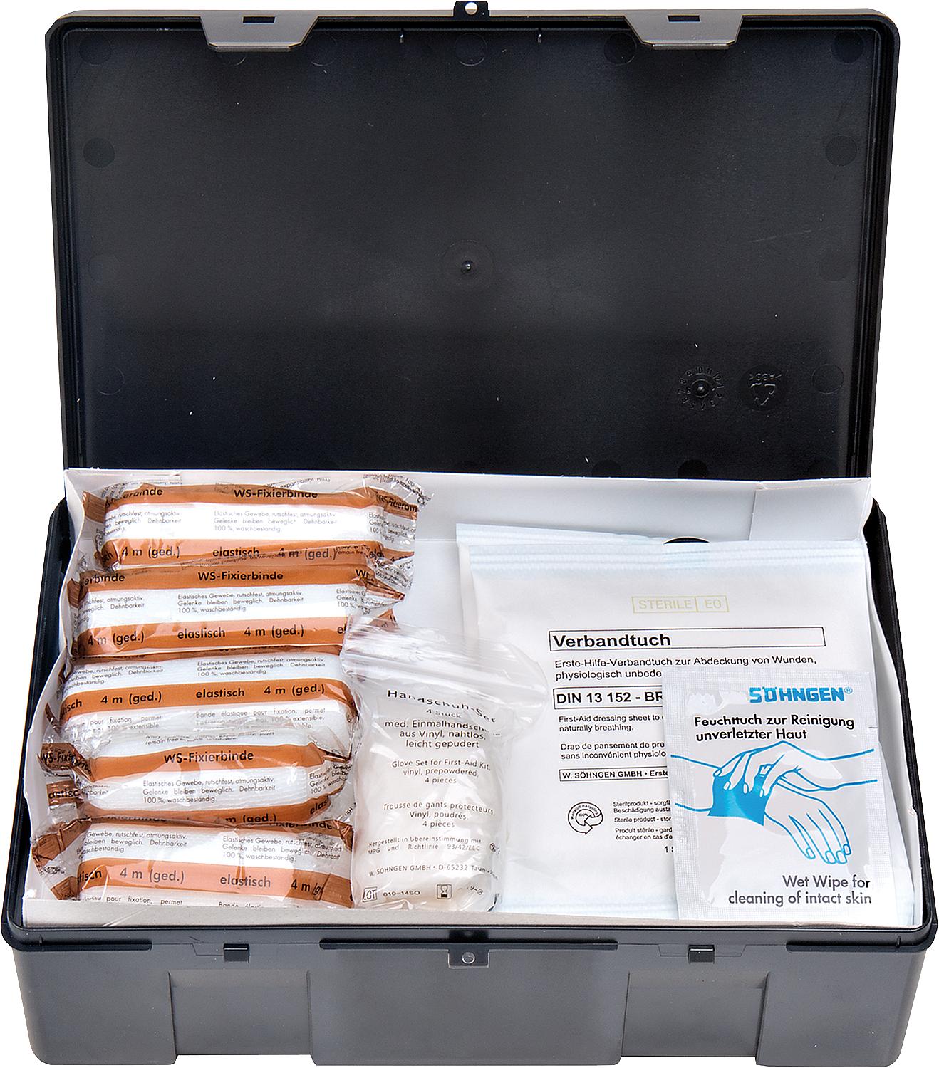First aid kit, plastic, DIN 13 157 / with contents, 260x160x70 mm / black