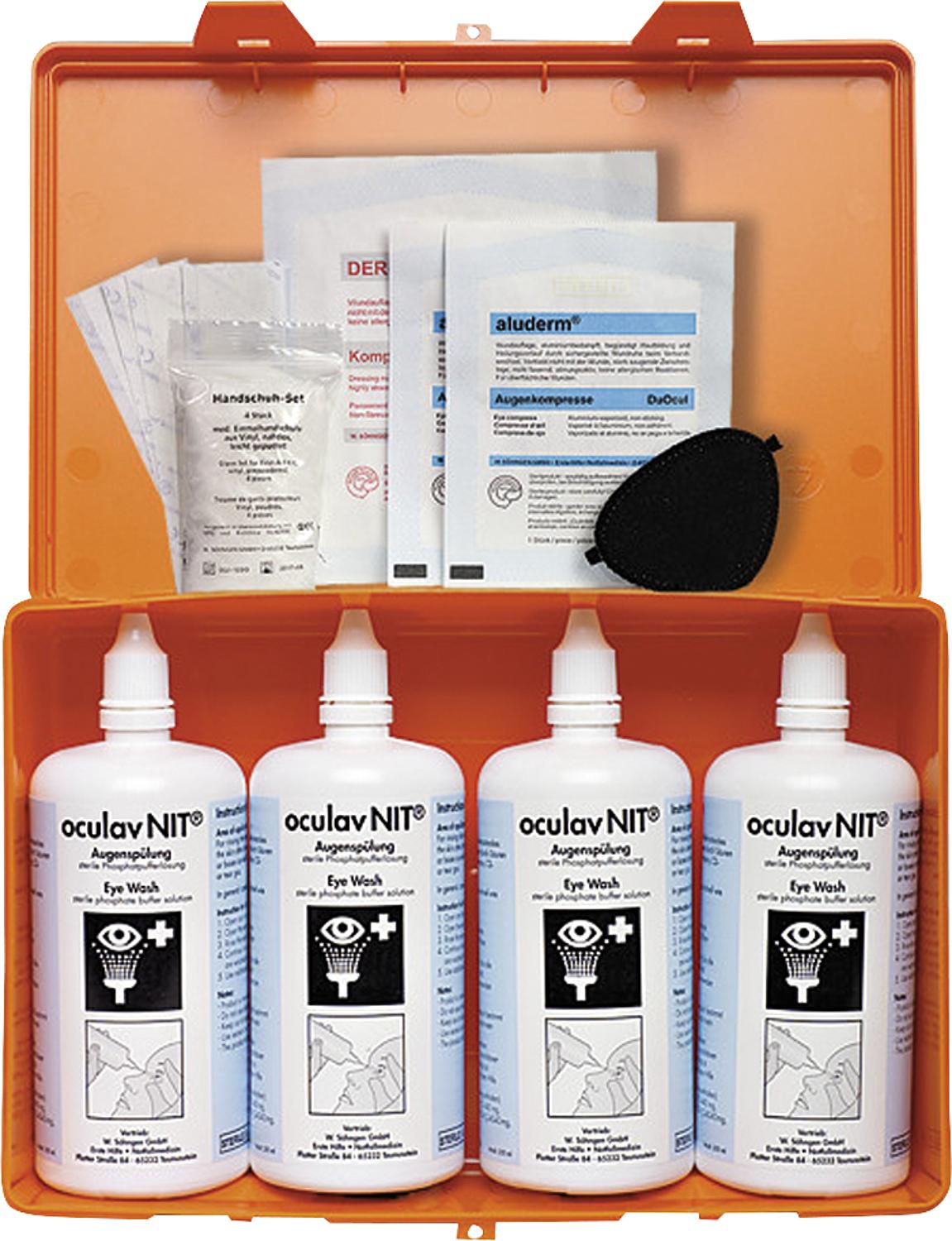 Boîte Oculav-Nit contenant 4 flacons de solution stérile Oculav-Nit et test immédiat pour les lésions oculaires