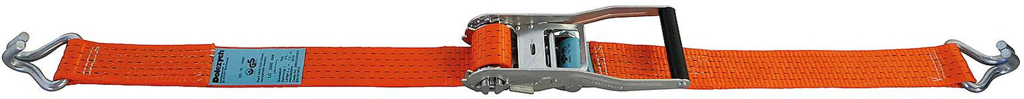 Lashing strap, two-piece DIN EN12195-2, long lever orange, webbing 50mm, length 10m