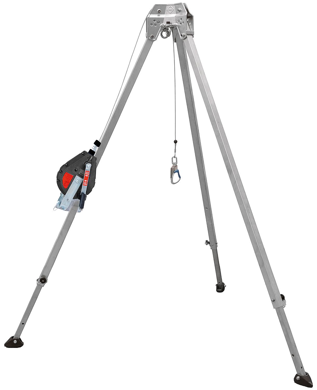 Tripod set: 1x fall arrest device with rescue lifting function, 12m, tested according to EN 360 + 1496; 1x aluminum tripod EN 795, class B