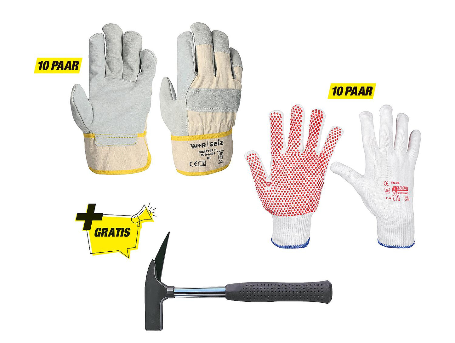 Construction work glove package size M with free claw hammer
