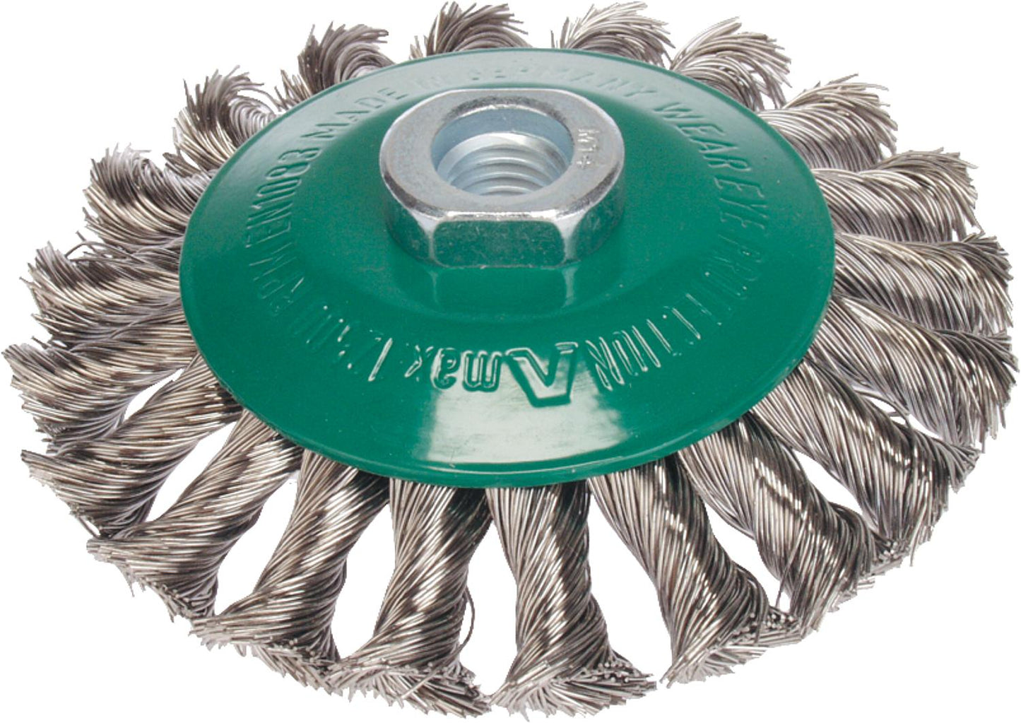 Conical brush, braided, stainless steel wire 0.50 mm, 100 mm x M 14 x 2.0