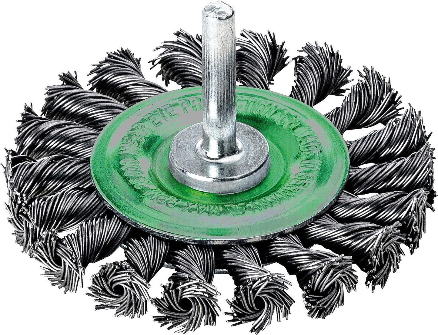 Braided round brush Ø 75 mm with 6 mm shaft, stainless steel wire 0.5 mm