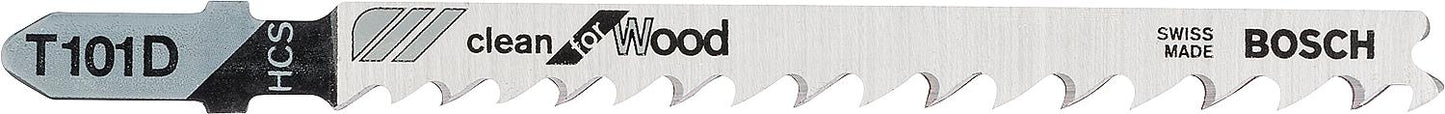 BOSCH T101D jigsaw blades, 100mm length, pack of 5, for clean, straight cuts in wood