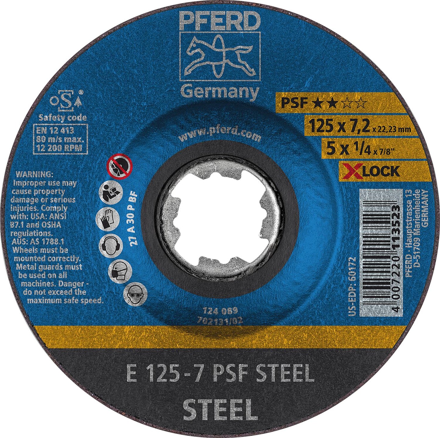 PFERD grinding disc Ø 125 x 7.2mm X-Lock, straight, for steel