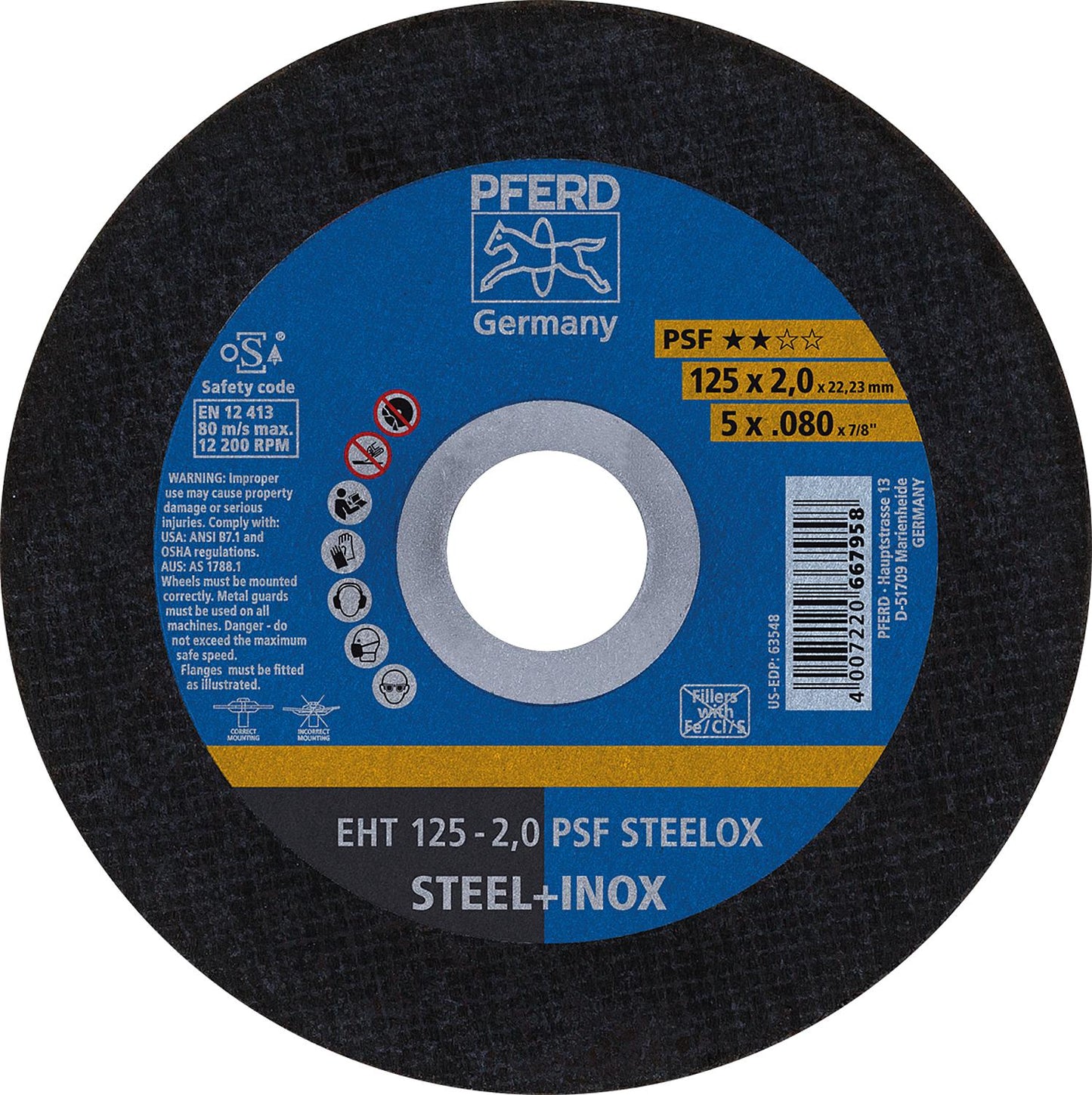 Cutting disc PFERD Ø 125 x 1.0 x 22.23mm, straight, for steel, stainless steel