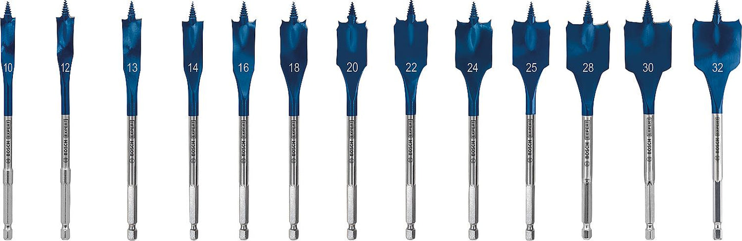 Flachfräsbohrer BOSCH 13-teilig Expert SELFCUT Ø 10/12/13/14/16/18/20/22/24/25/28/30/32mm, Länge
152 mm, 1/4" Sechskantaufnahme