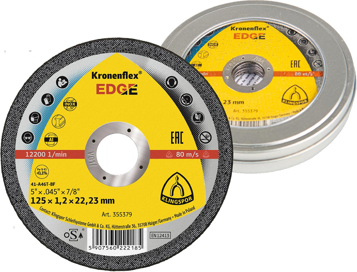 Klingspor EDGE cutting disc 125 x 1.2 mm, pack of 10 in a can