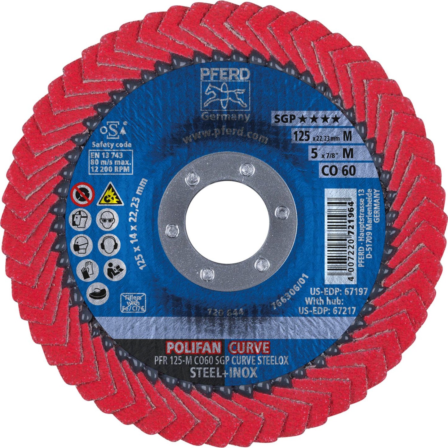 Flap disc Pferd Ø 125 x 22.23, disc thickness 8 mm, K60 for steel/stainless steel