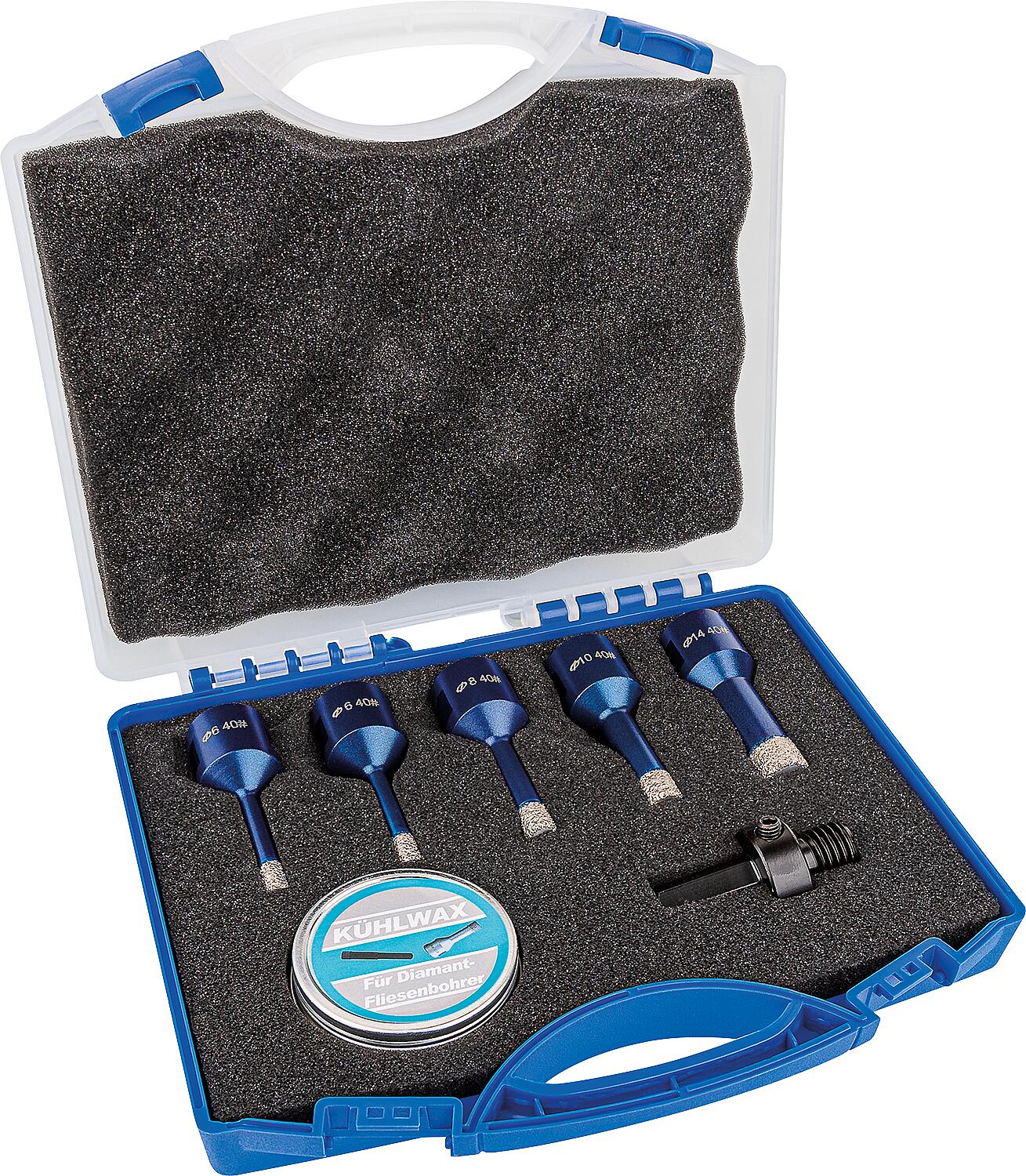 Soldia 5-piece tile core drill set, Ø 6, 6, 8, 10, 14 mm, M14 shank, dry integrated cooling