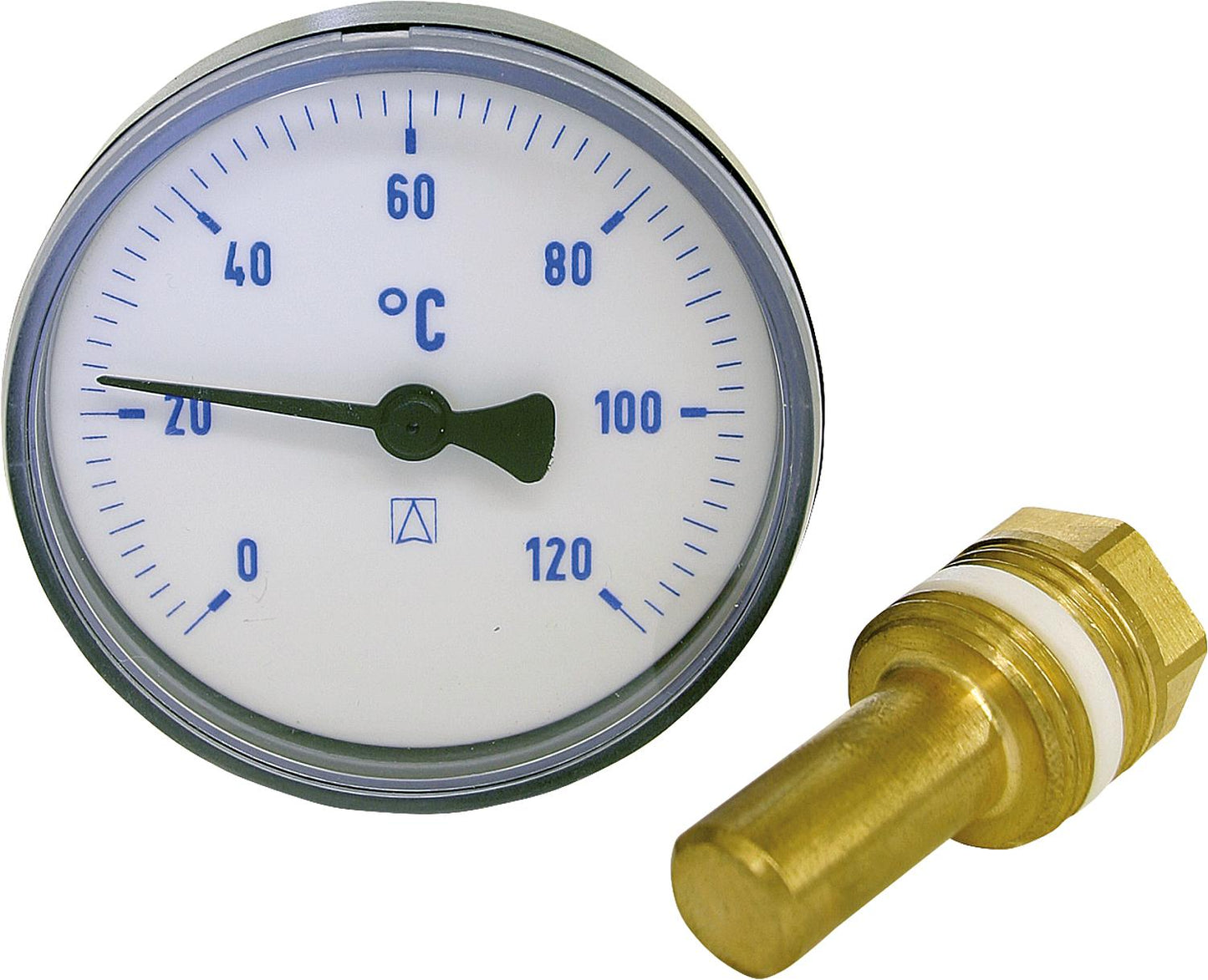 Bimetall-Thermometer 0-120 °C 63 mm durch., Kunststoffgehäuse blau(ohne Kugelhahn)