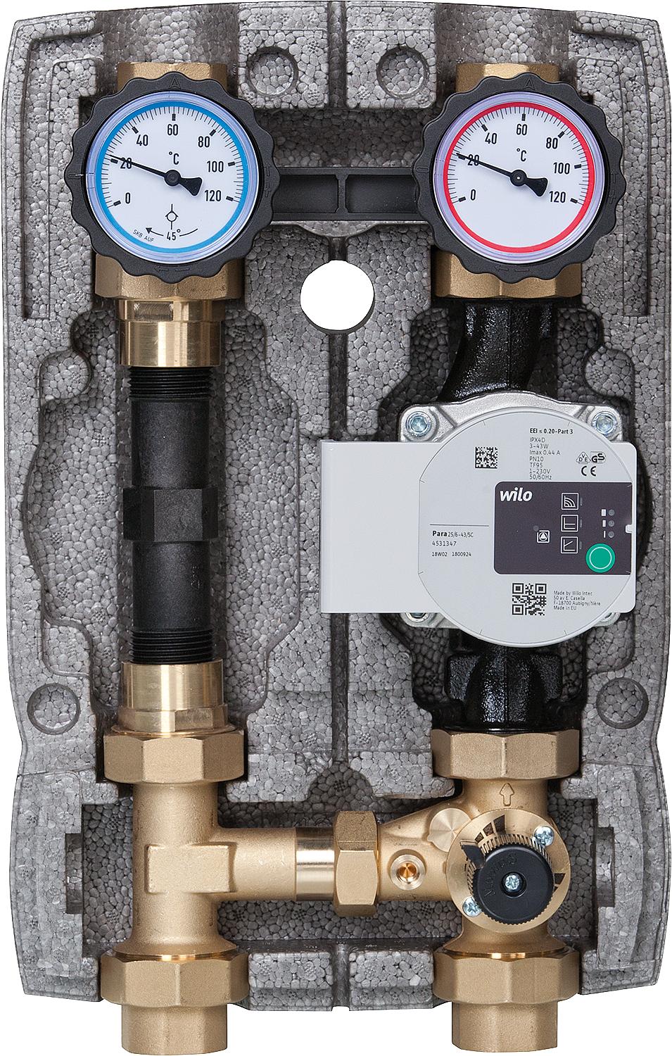 Easyflow DN25(1") heating circuit set with 3-way mixing valve and heat meter section, Grundfos UPM3S AUTO 25-60 pump