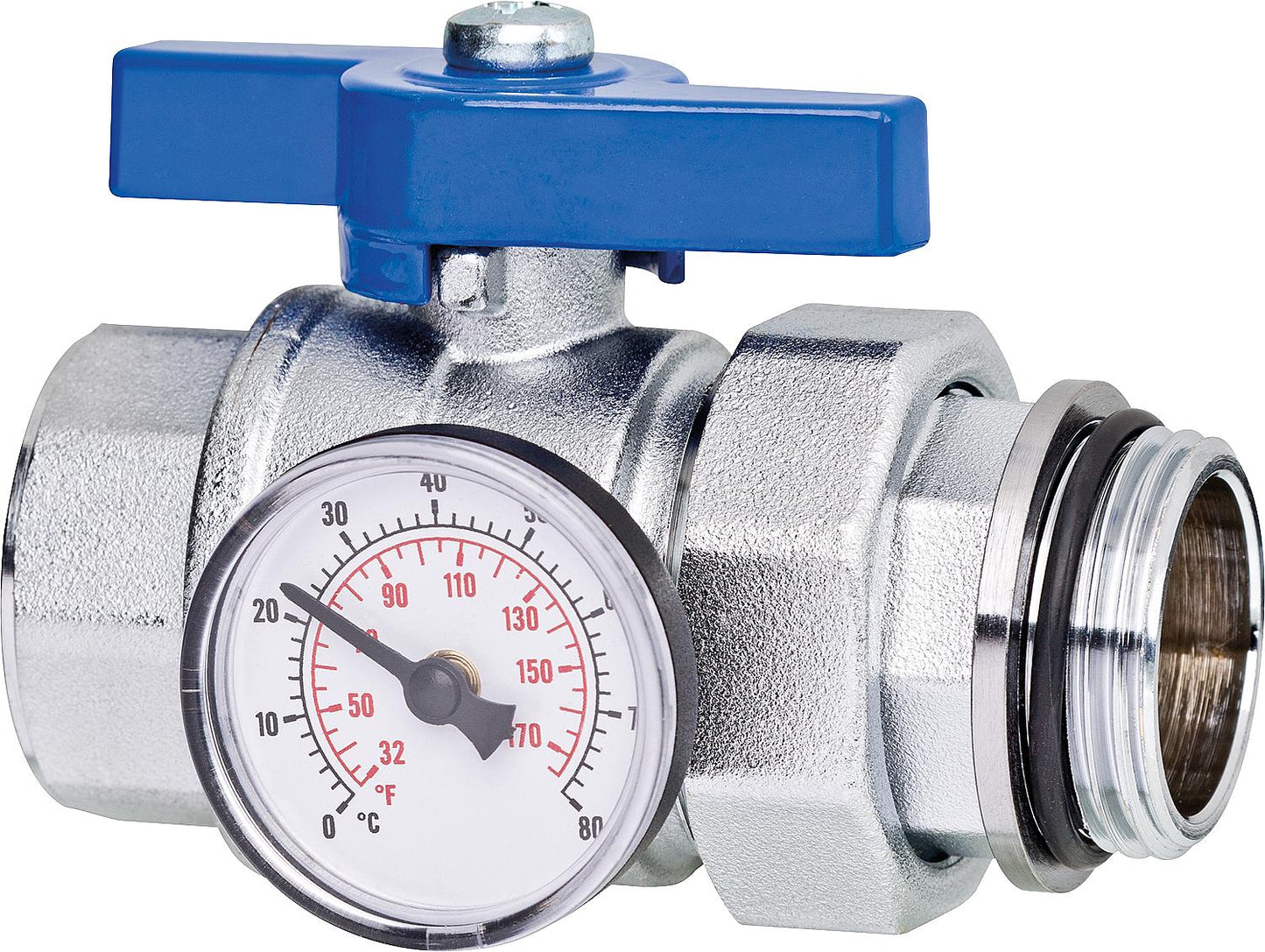Ball valve DN25 (1") with screw connection, thermometer and wing handle, red