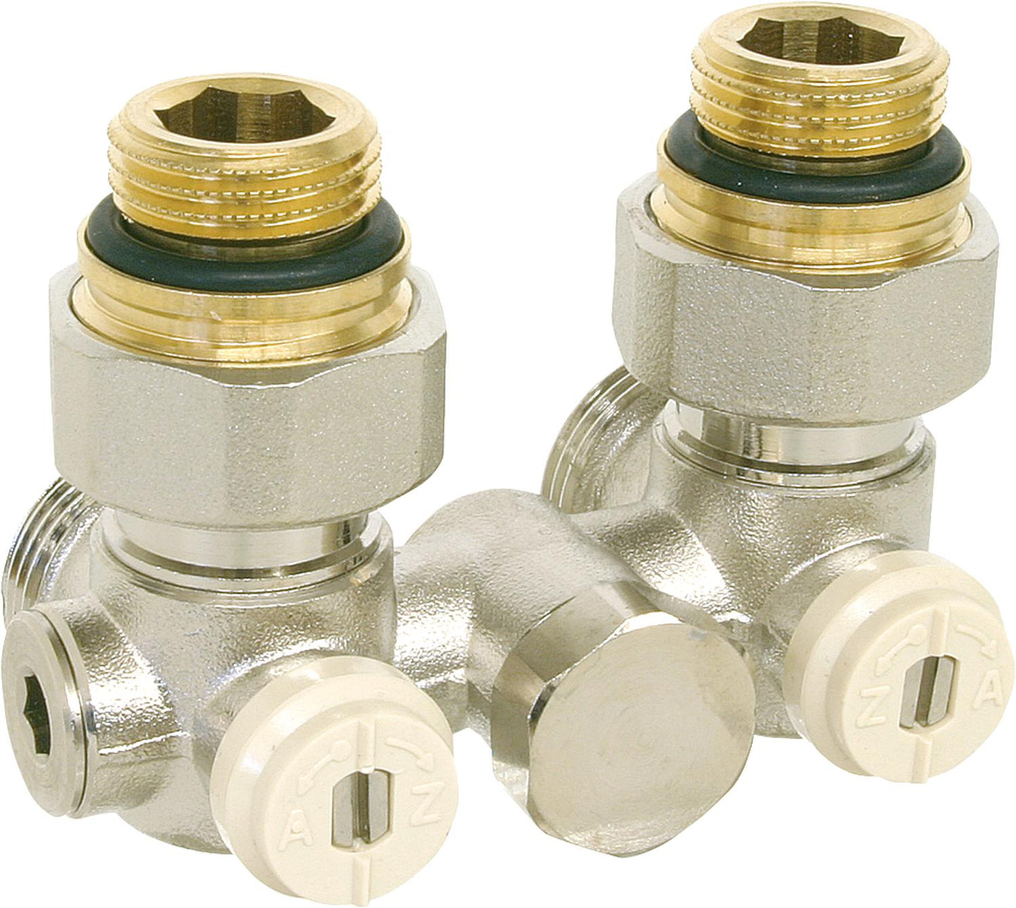 Double ball valve fitting, single pipe system, 1/2" male thread, angled shape