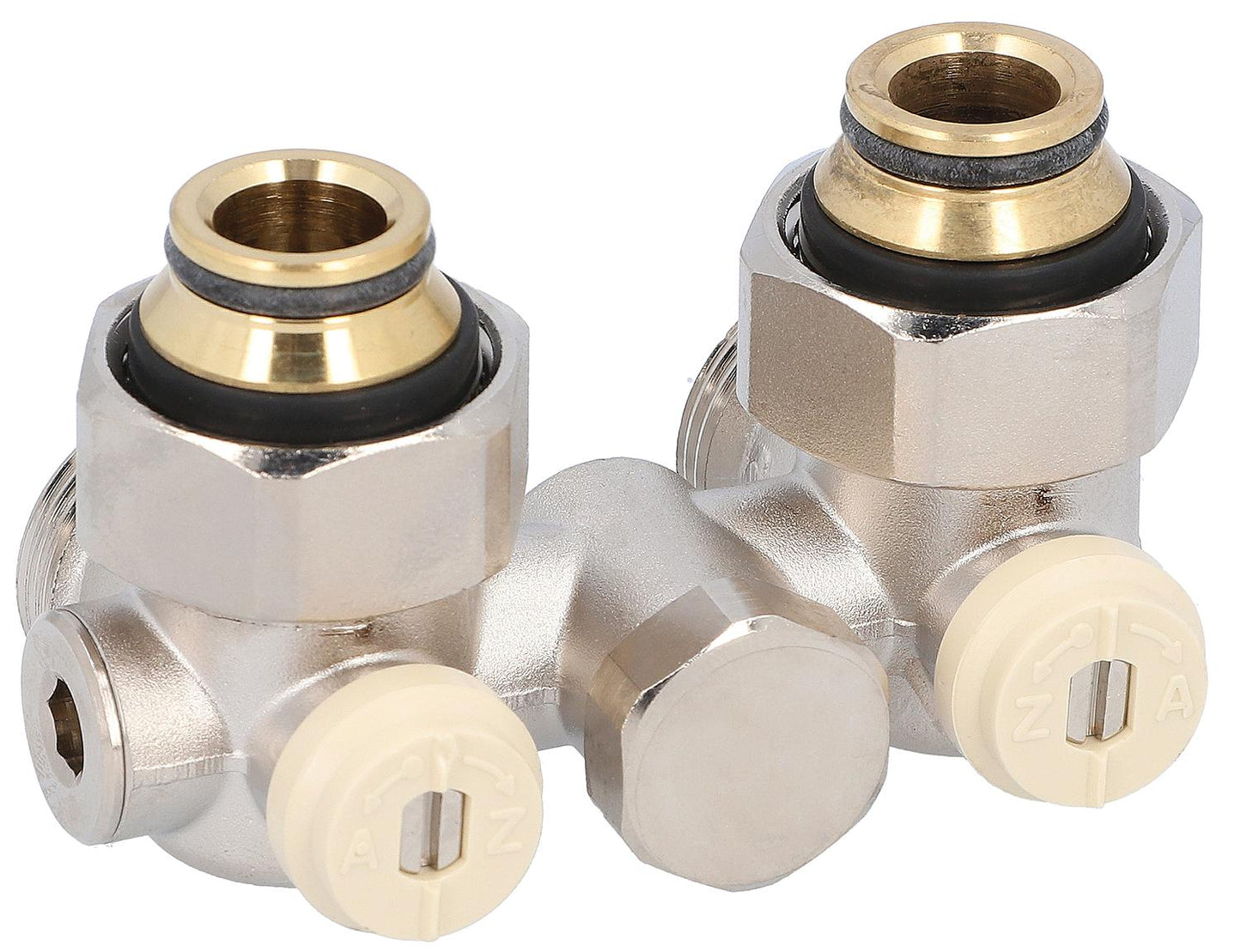 Double ball valve fitting, single-pipe system, 3/4" female thread, bypass, angle type with Eurocone