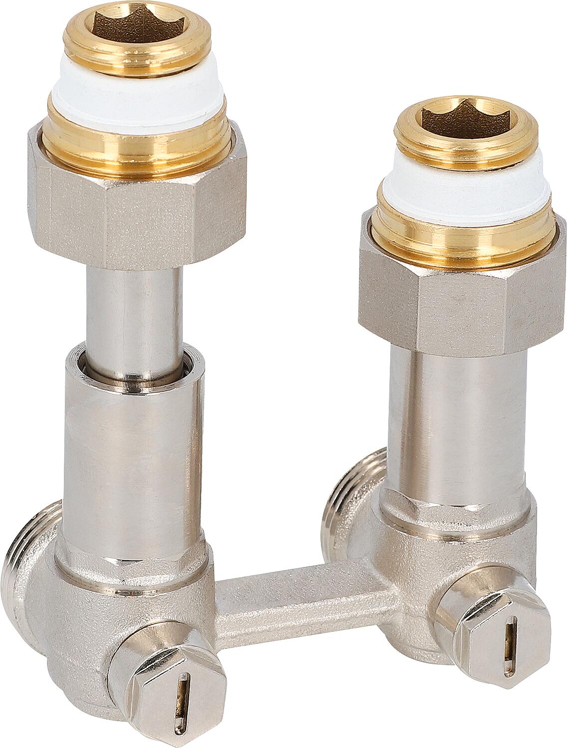 Two-pipe valve block with compensating telescope, straight-through design for radiator connection DN 15 (1/2") internal thread