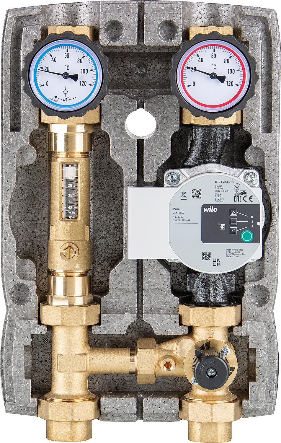 Heating circuit set Easyflow DN25 (1"), 3-way mixer with flow meter, Wilo Para 25/6 SC