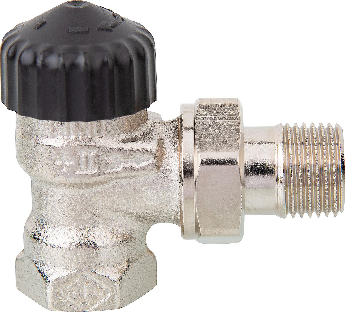 Heimeier thermostatic valve, red brass, nickel-plated, R 1" corner shape