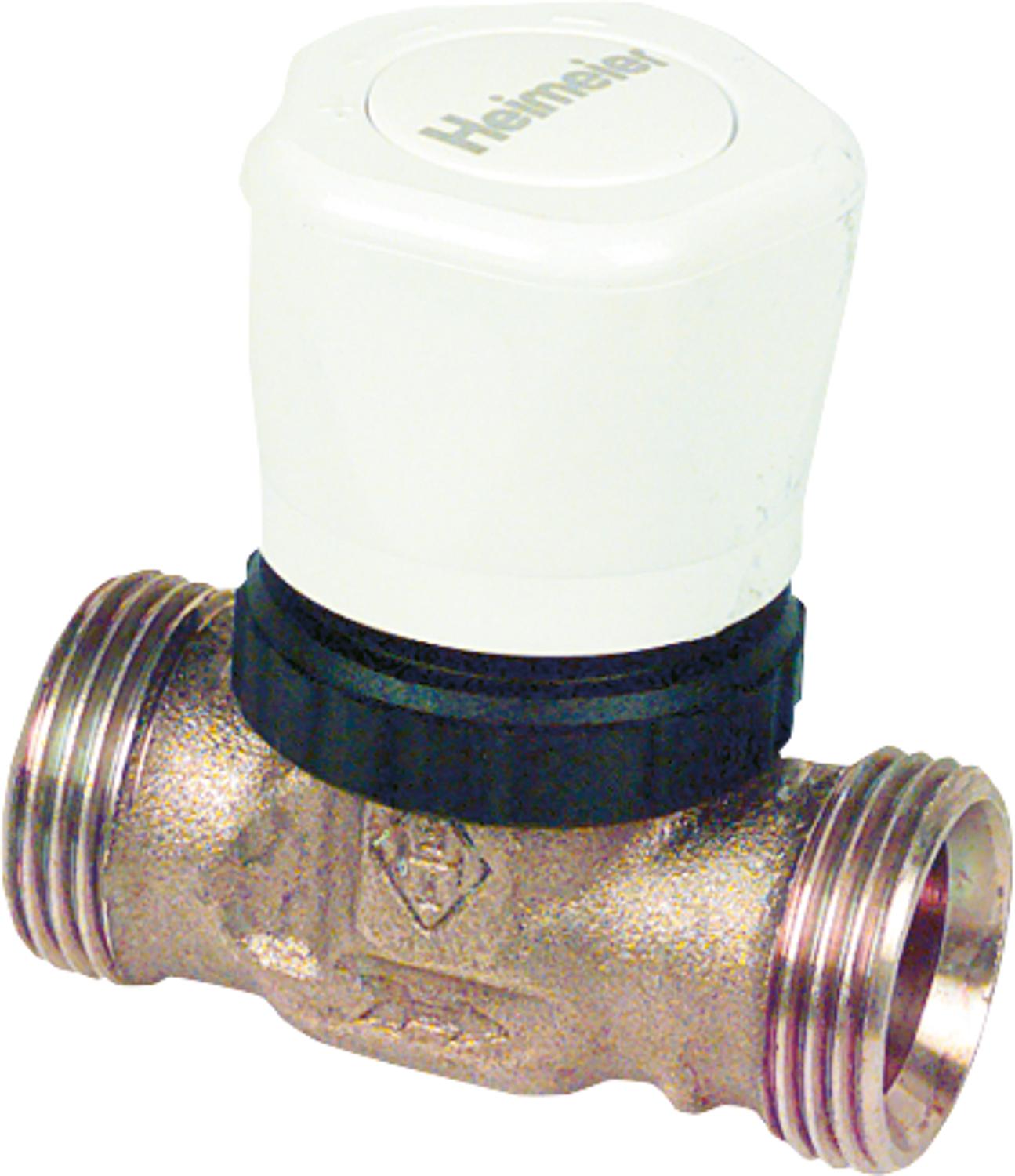 Vanne de régulation de débit DN 15 avec thermostat intégré, raccord fileté mâle 3/4" pour montage par vis, sans capuchon de réglage manuel